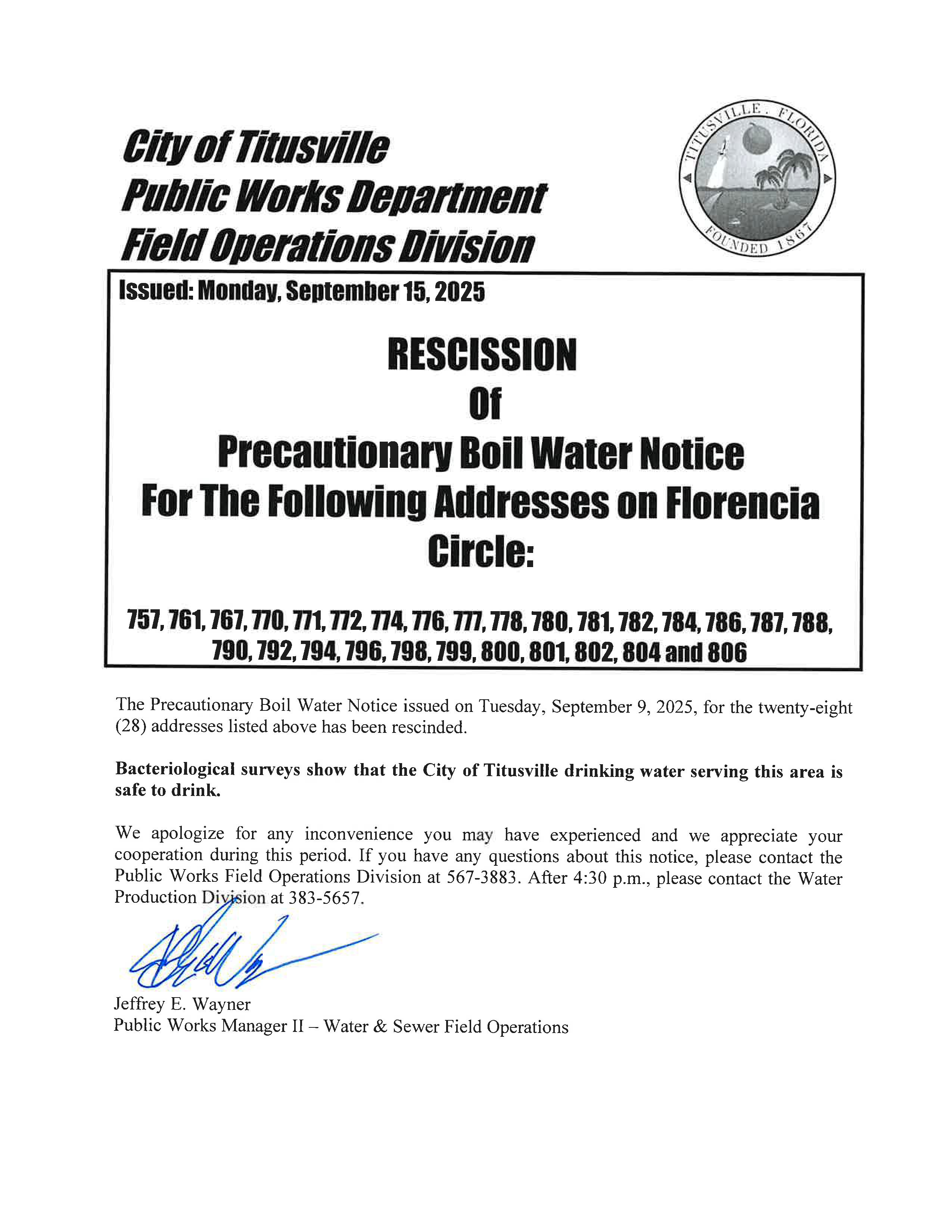 Florencia Circle Rescinded Precautionary Boil Water Notice 9-15-25