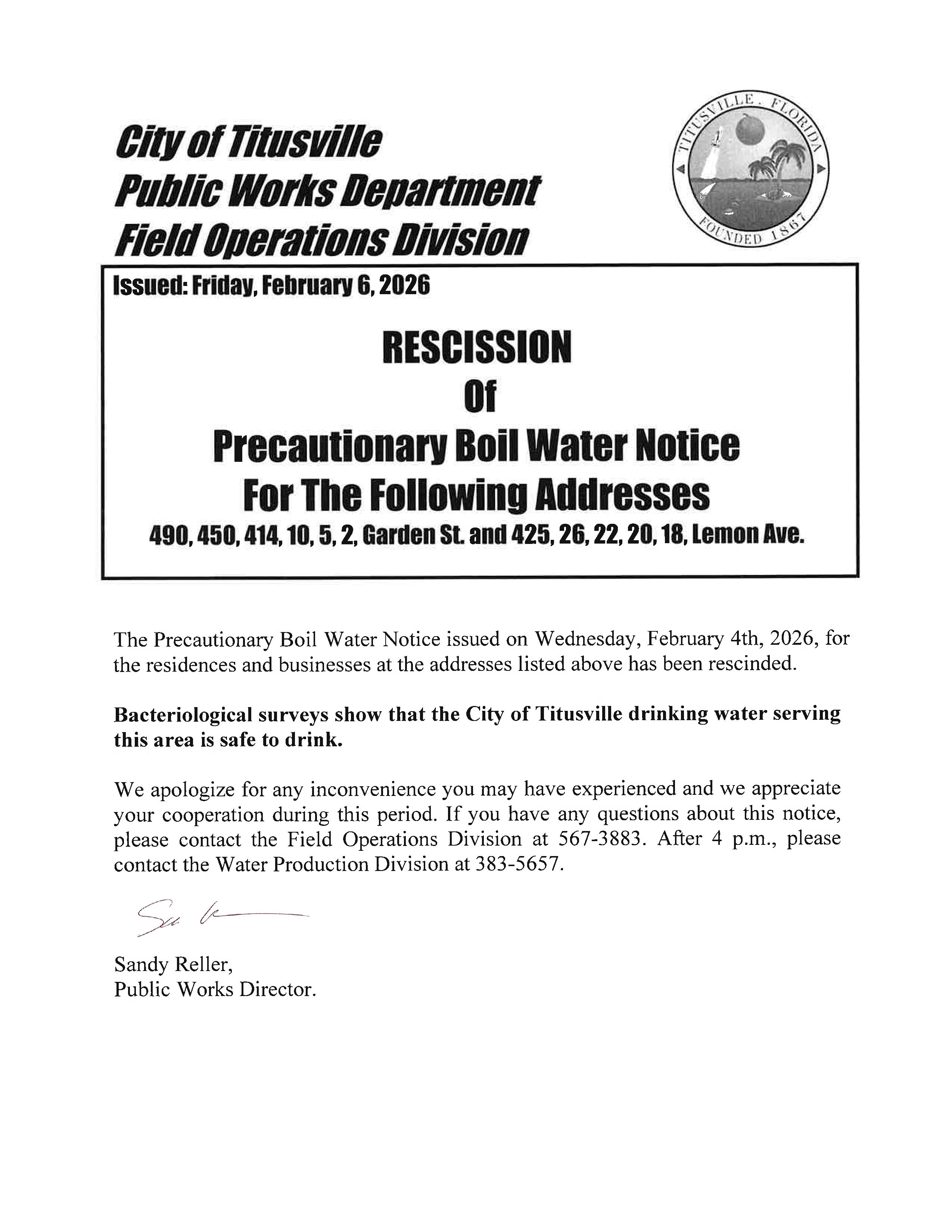 Boil Water Notice Recission 5 Garden St