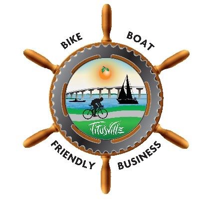 Bike and Boater Friendly Business Logo - in the shape of a ship's wheel.