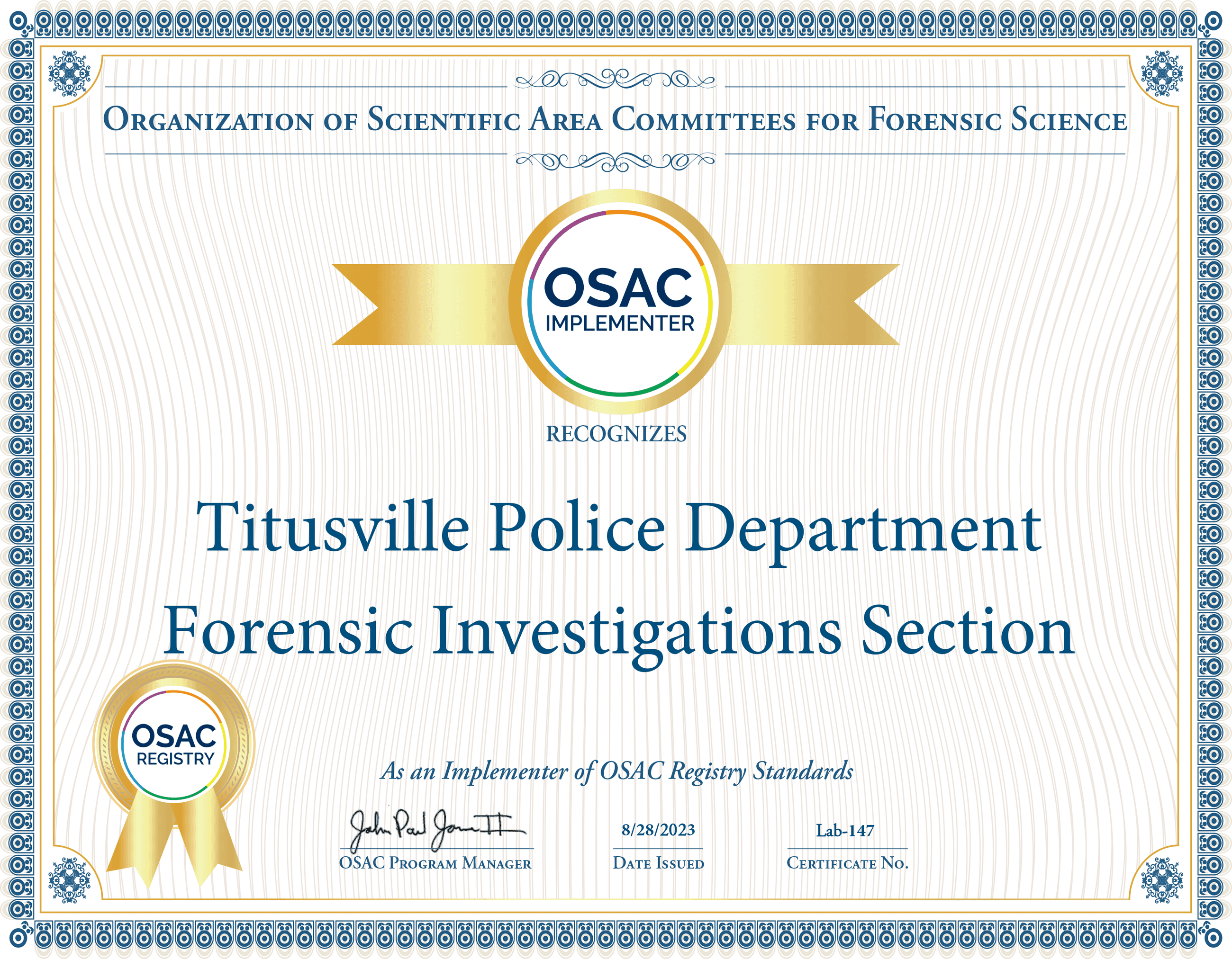 FIS OSAC Implementer Certificate 147_Titusville Police Department Forensic Investigations Section