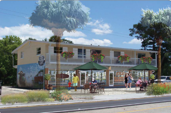 After storefront renovations, addition of street trees and landscaping, and development of a plaza.